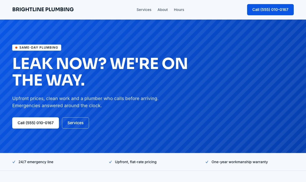 Sample website design for Brightline Plumbing, a fictional plumbing and drain service business
