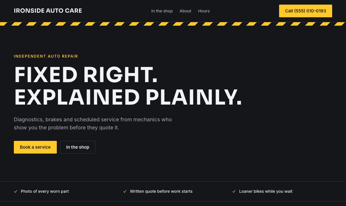 Sample website design for Ironside Auto Care, a fictional auto repair business