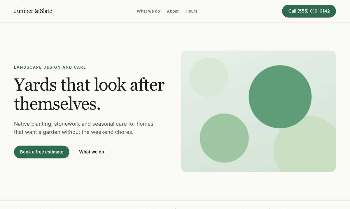 Sample website design for Juniper & Slate, a fictional landscaping business