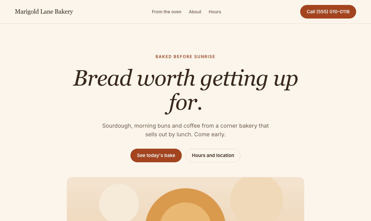 Sample website design for Marigold Lane Bakery, a fictional bakery and coffee business